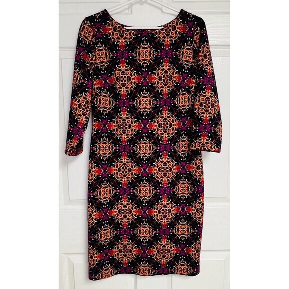 GABBY SKYE Size 8 Pink & Black Floral 3/4 Sleeve Midi Sheath Dress - Picture 1 of 7